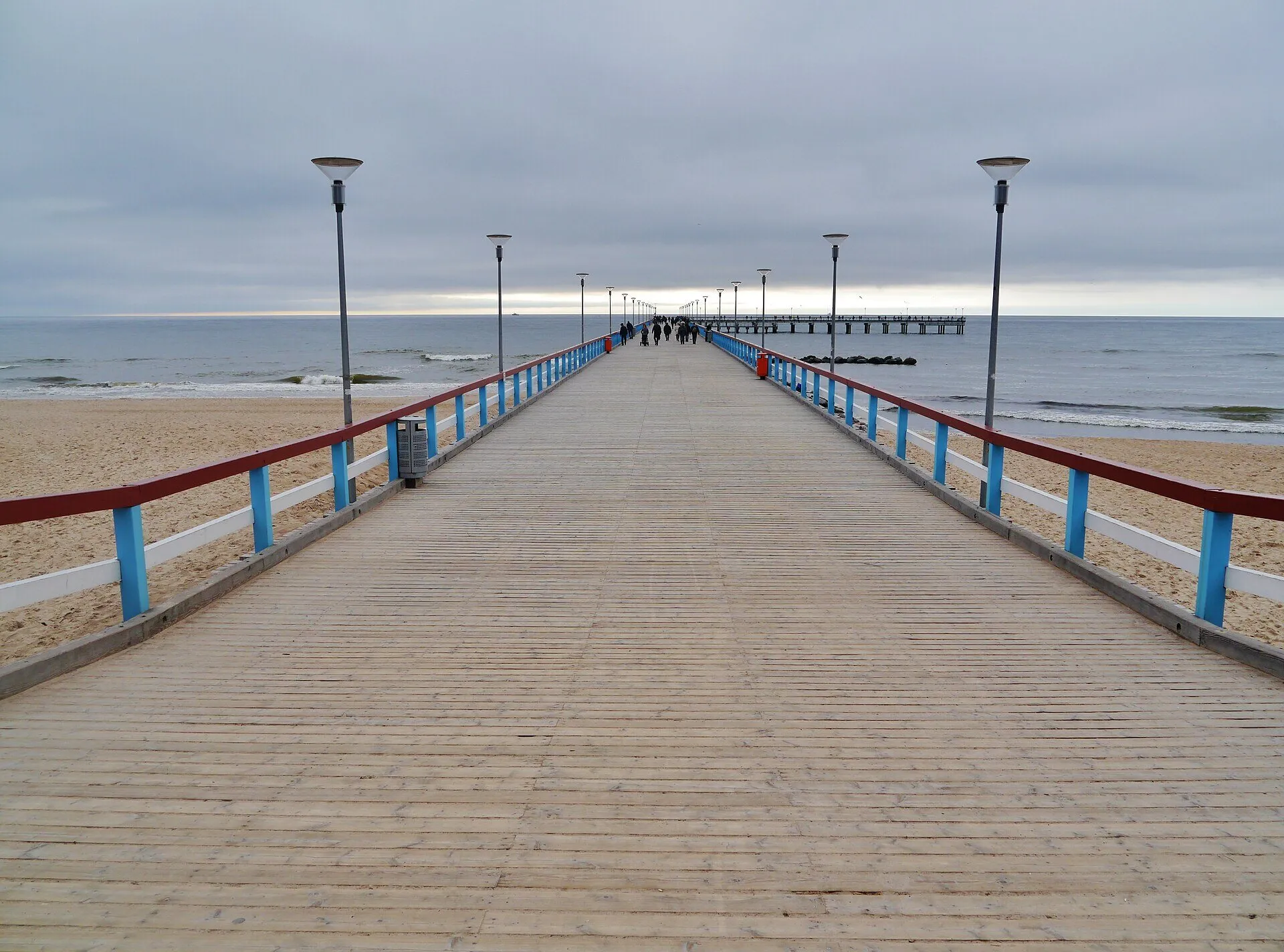 The wooden L-shaped pier reaching into the Baltic Sea at Palanga, Lithuania